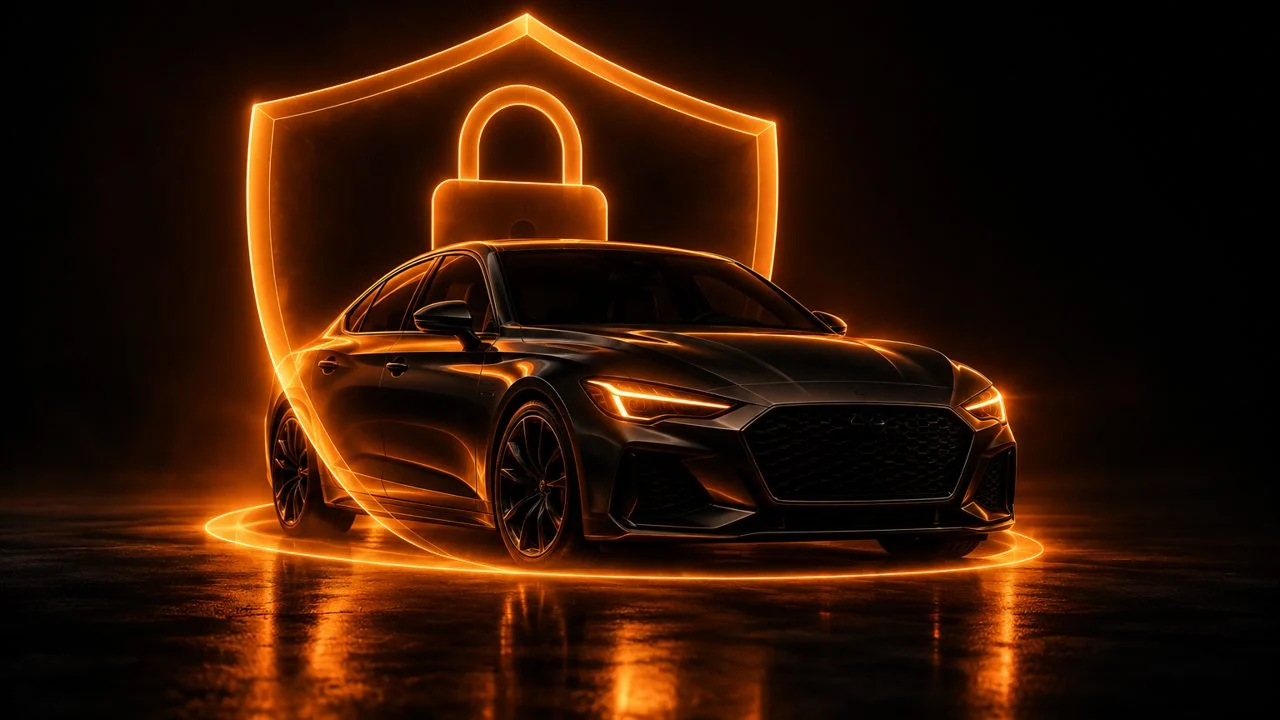 Matte black car behind a glowing orange neon shield and padlock — aftermarket immobiliser vs IMMOSTOP phone-released dual immobiliser