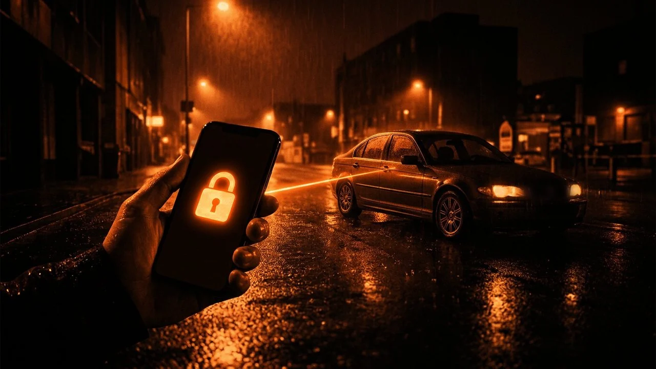 Dark car in an installer workshop with a glowing orange shield and tools — become an IMMOSTOP approved immobiliser installer and dealer